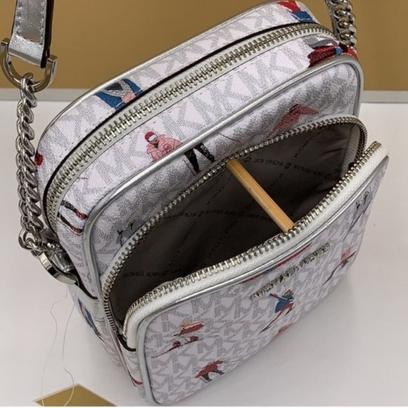 MICHAEL KORS WOMEN LADY SKI GIRL SKIER CHAIN CROSSBODY BAG WHITE LOGO GREY LTH - Picture 10 of 15